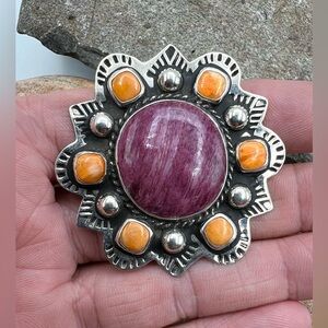 Navajo Sterling Silver Natural Purple And Orange Spiny Oyster Adjustable Ring